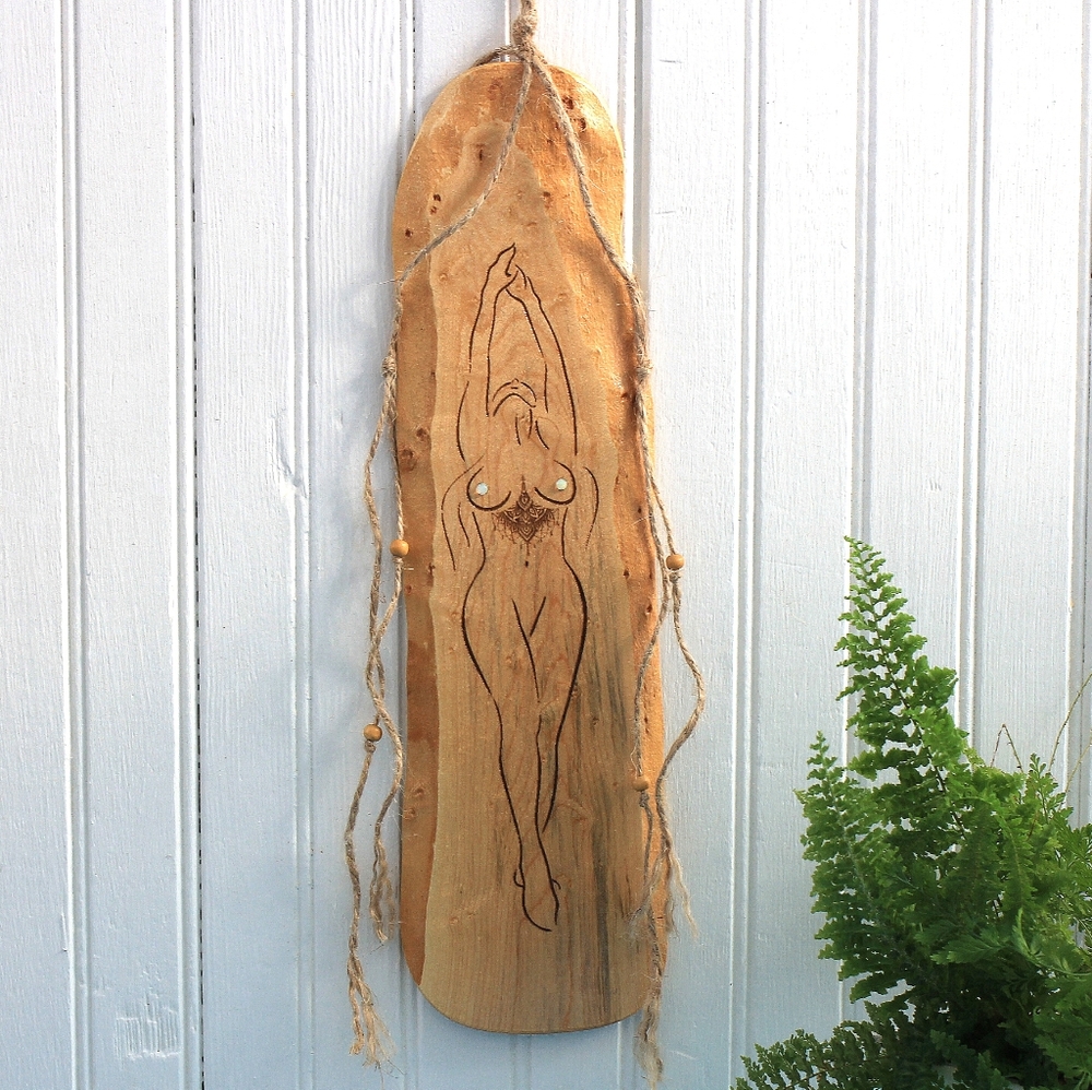 Tattooed Goddess Art, Opal Nipples, Wood Wall Hanging, Bohemian Decor